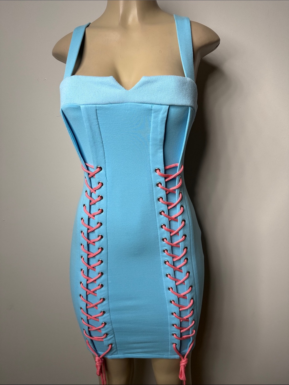 Sky Blue Mini Dress with Pink Lace-Up Sides